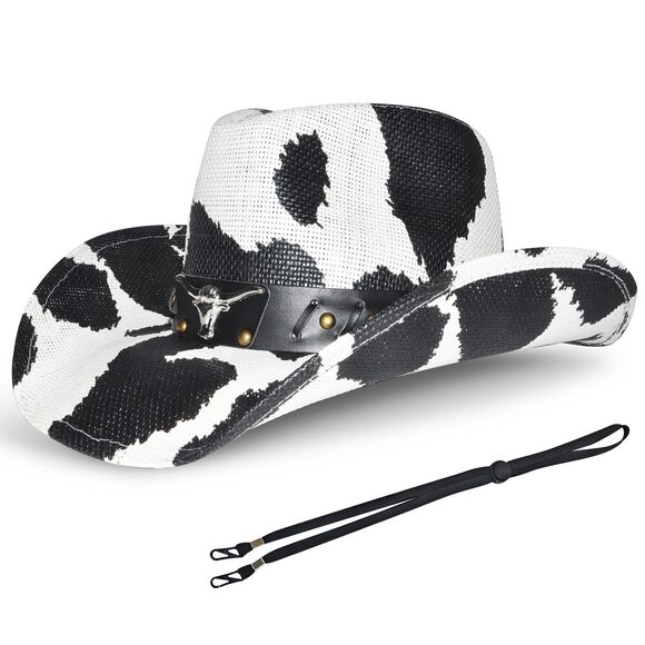 6894 Cow Pattern Straw Cowboy Hat Western With Decorative Bands, Size main image 2